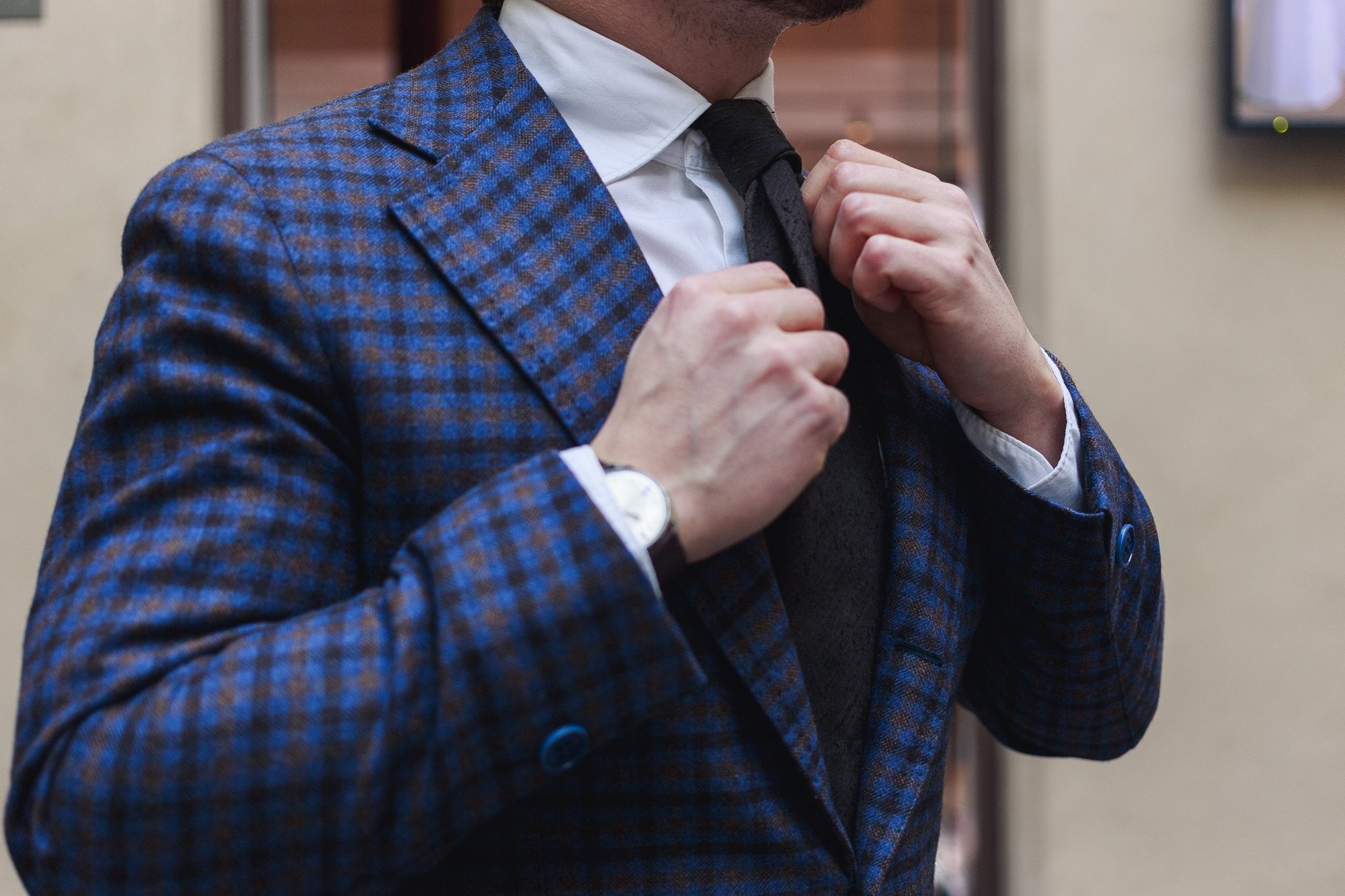 Purple sport coat with brown DLA shantung tie