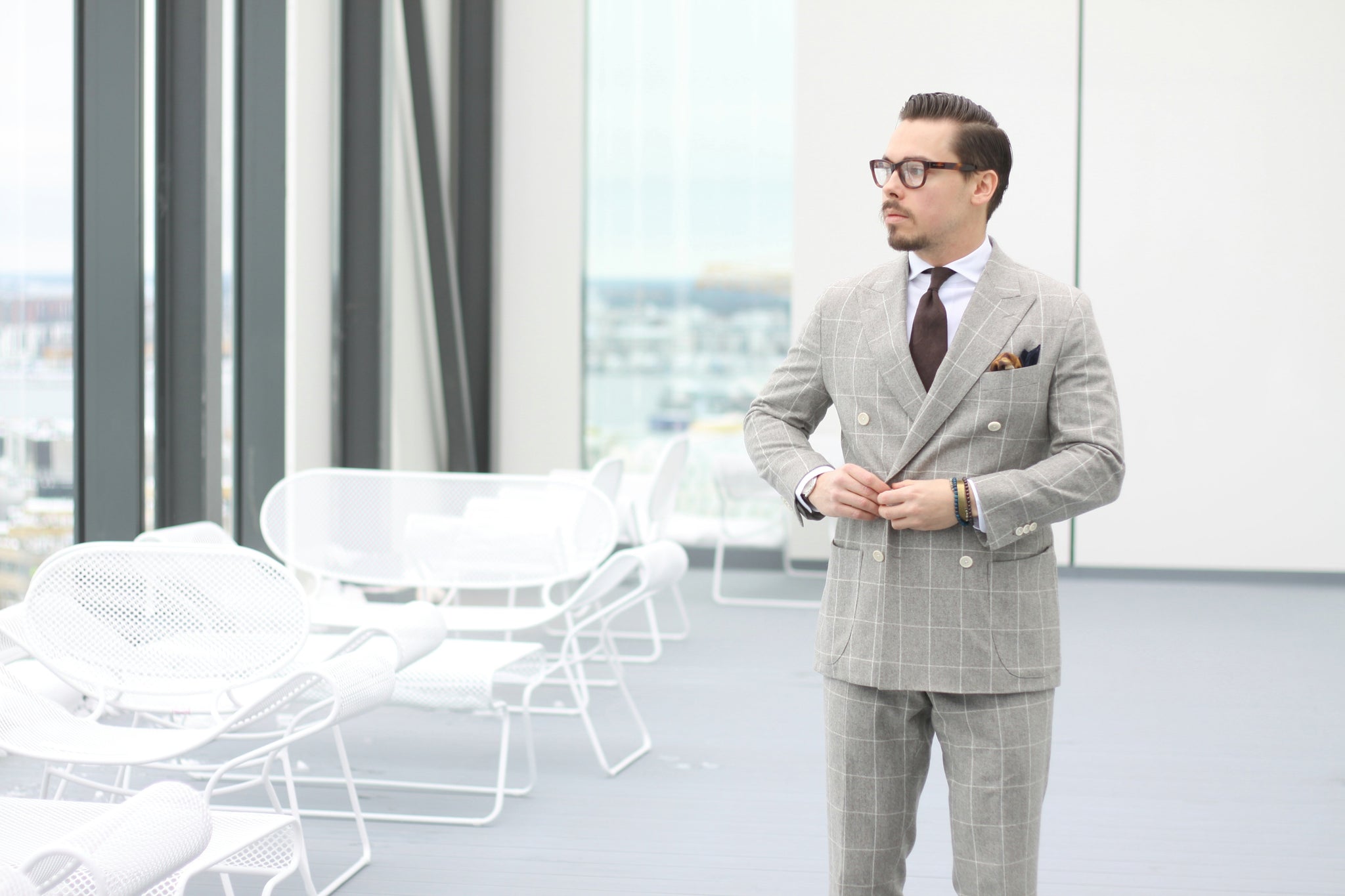 Double-breasted windowpane suit - oatmeal and shades of brown