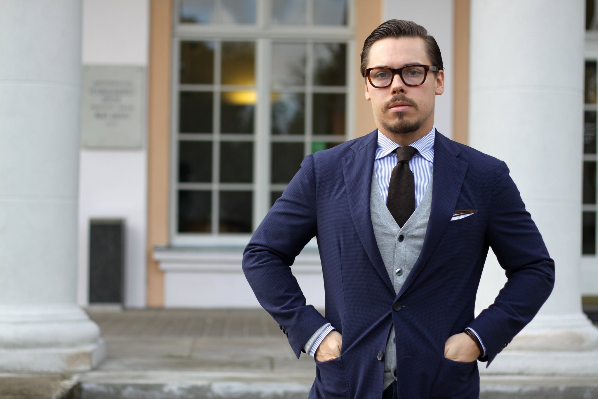 Gray cardigan with blue blazer